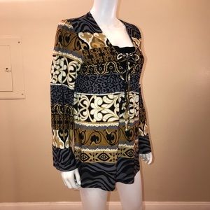 CSC Studio Tunic Blouse Size Medium Lace Up Neckline Tan Black Easy Care Office